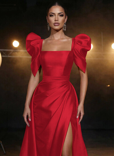 Square Neckline Short Sleeves Charmeuse Prom Dresses With High Split