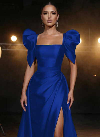 Square Neckline Short Sleeves Charmeuse Prom Dresses With High Split