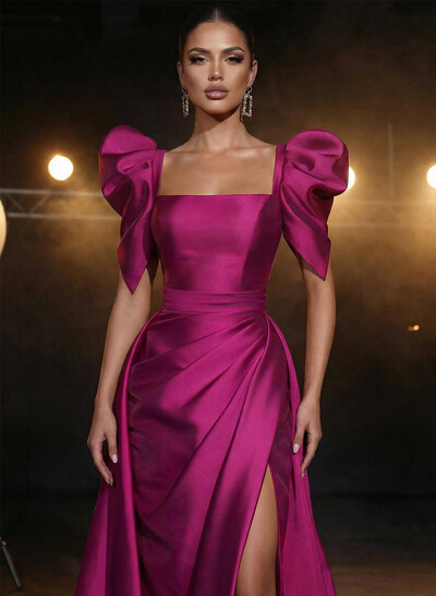 Square Neckline Short Sleeves Charmeuse Prom Dresses With High Split