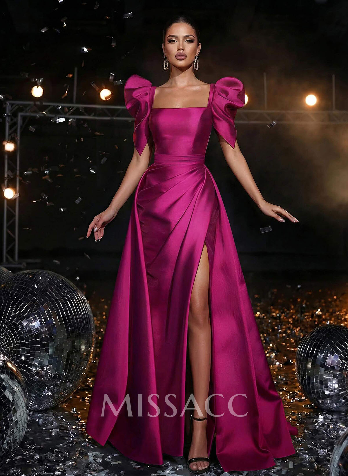 Square Neckline Short Sleeves Charmeuse Prom Dresses With High Split