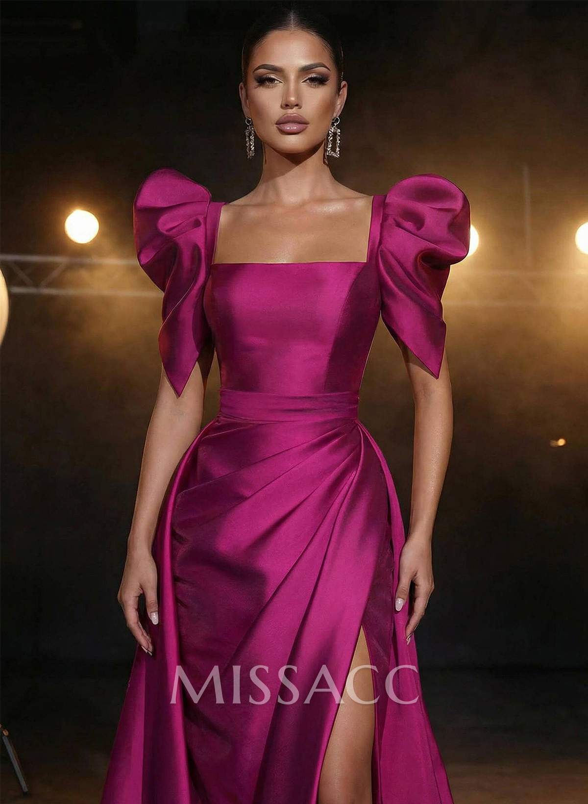 Square Neckline Short Sleeves Charmeuse Prom Dresses With High Split