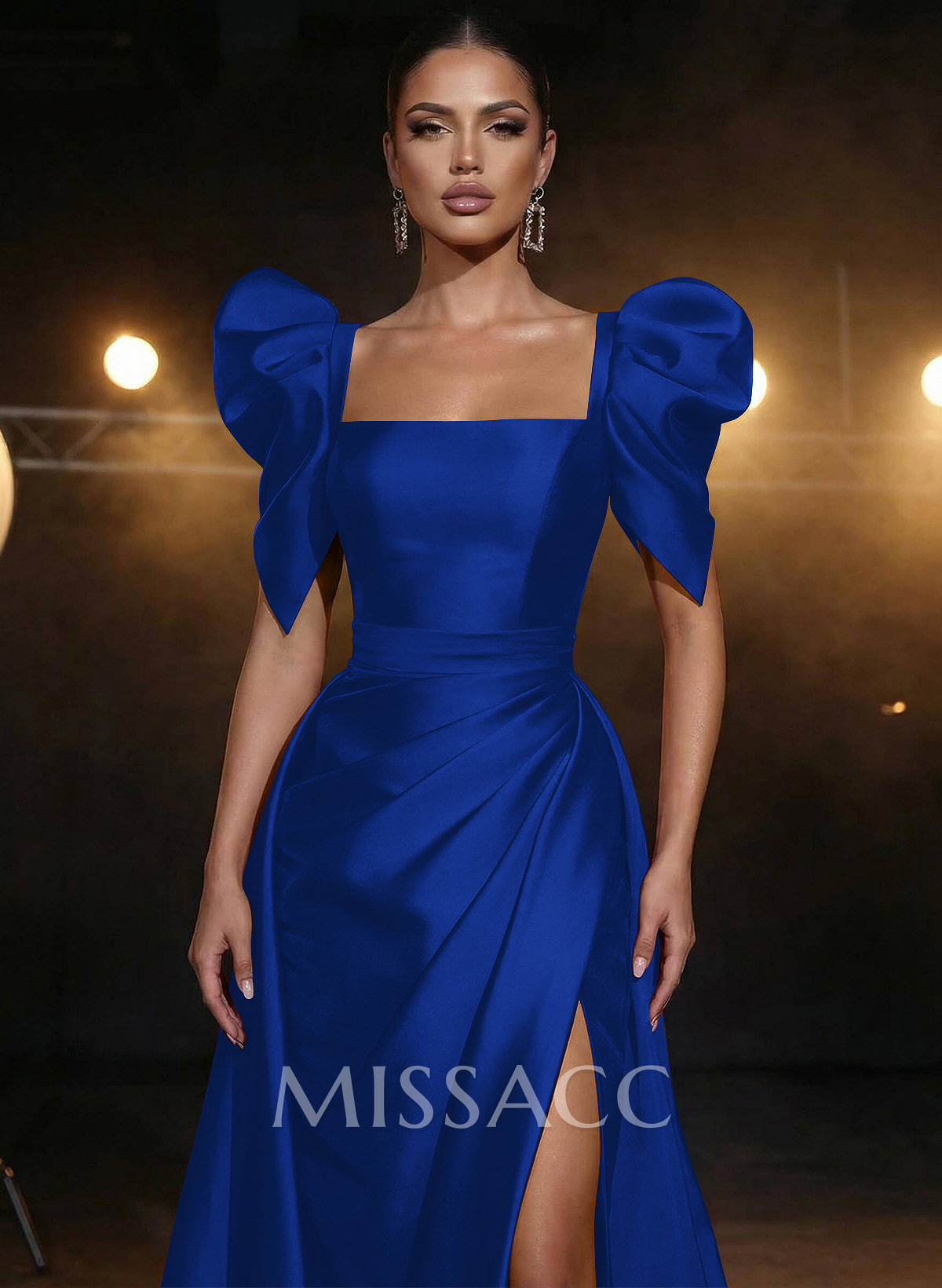 Square Neckline Short Sleeves Charmeuse Prom Dresses With High Split Square Neckline Short Sleeves Charmeuse Prom Dresses With High Split