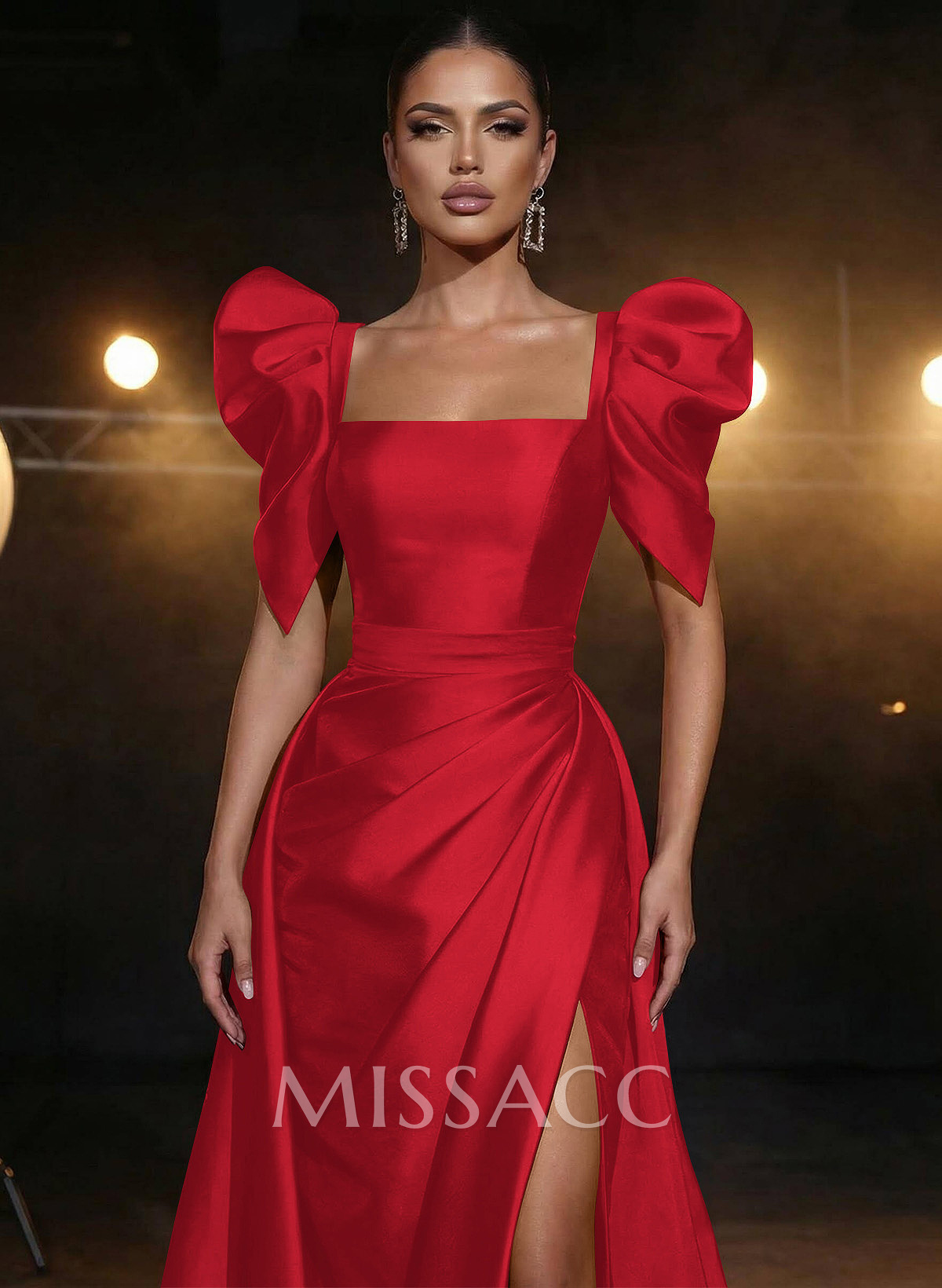 Square Neckline Short Sleeves Charmeuse Prom Dresses With High Split