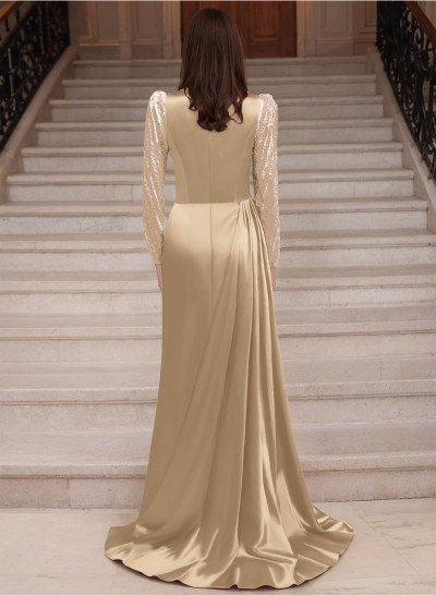 Sheath Scoop Neck Long Sleeves Sweep Train Silk Like Satin Prom Dresses With High Split