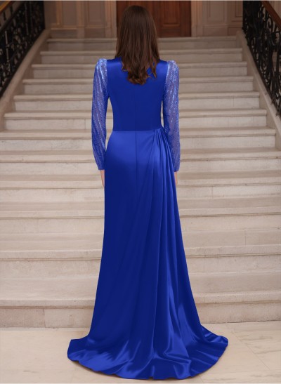 Sheath Scoop Neck Long Sleeves Sweep Train Silk Like Satin Prom Dresses With High Split