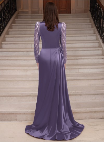 Sheath Scoop Neck Long Sleeves Sweep Train Silk Like Satin Prom Dresses With High Split