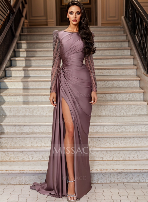 Sheath Scoop Neck Long Sleeves Sweep Train Silk Like Satin Prom Dresses With High Split