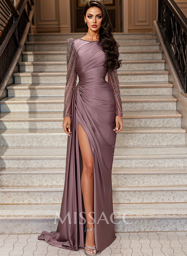 Sheath Scoop Neck Long Sleeves Sweep Train Silk Like Satin Prom Dresses With High Split