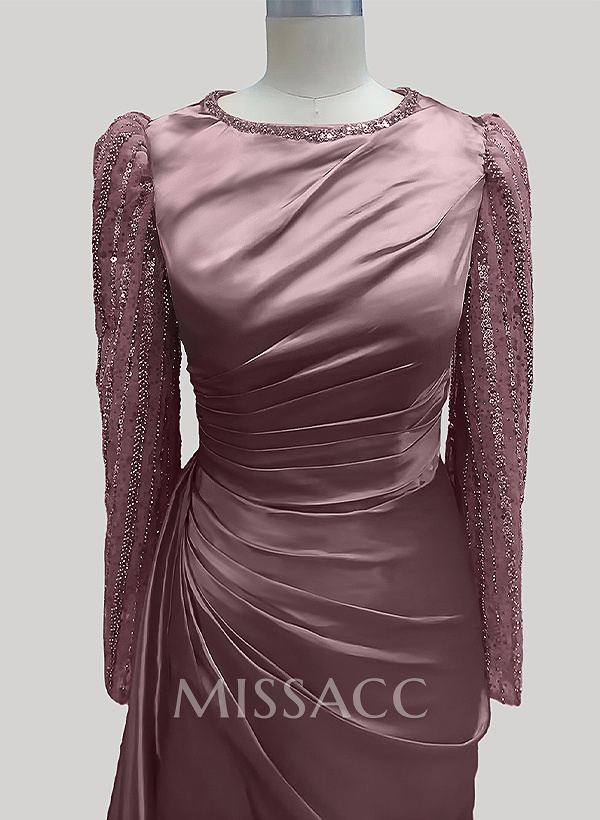 Sheath Scoop Neck Long Sleeves Sweep Train Silk Like Satin Prom Dresses With High Split