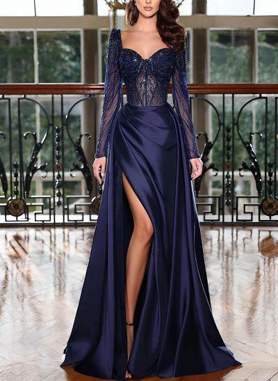 A-Line Sweetheart Long Sleeves Sweep Train Prom Dresses With Split Front