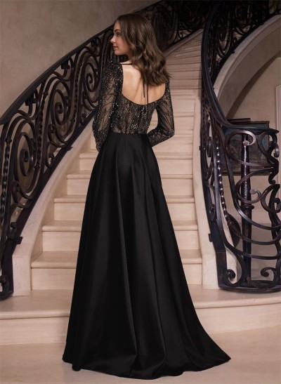 A-Line Sweetheart Long Sleeves Sweep Train Prom Dresses With Split Front