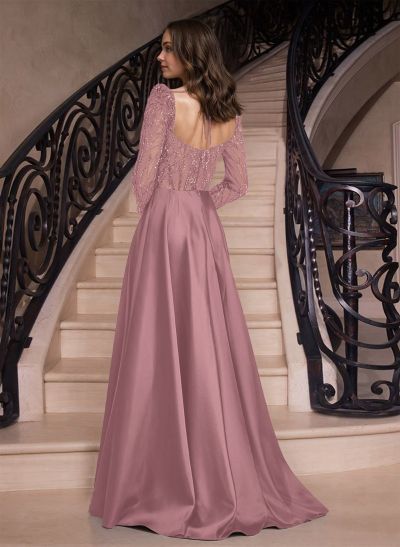 A-Line Sweetheart Long Sleeves Sweep Train Prom Dresses With Split Front