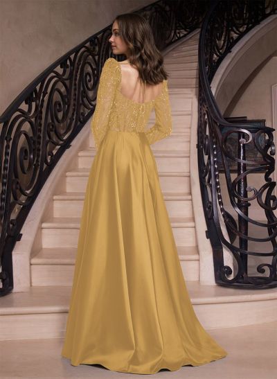 A-Line Sweetheart Long Sleeves Sweep Train Prom Dresses With Split Front