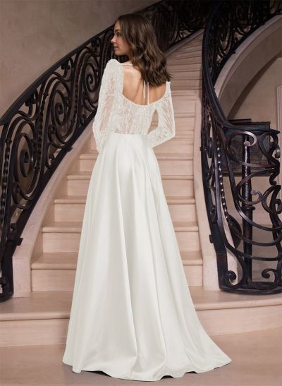 A-Line Sweetheart Long Sleeves Sweep Train Prom Dresses With Split Front