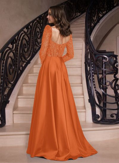 A-Line Sweetheart Long Sleeves Sweep Train Prom Dresses With Split Front