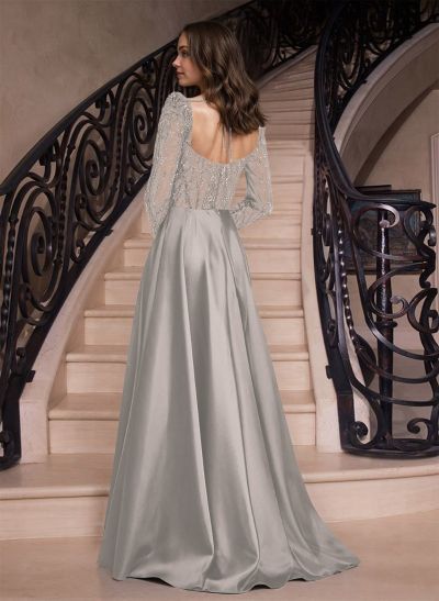 A-Line Sweetheart Long Sleeves Sweep Train Prom Dresses With Split Front