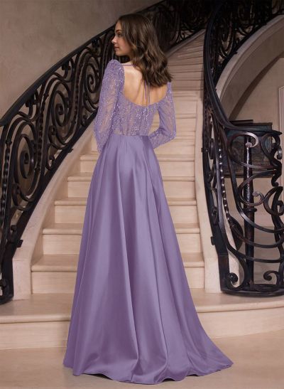 A-Line Sweetheart Long Sleeves Sweep Train Prom Dresses With Split Front