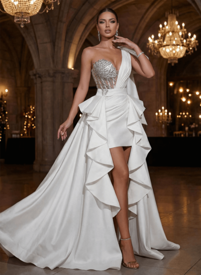 Unique One-Shoulder Ruffle Detachable Overskirt Prom Dresses With Rhinestone