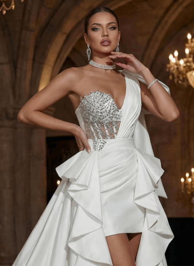 Unique One-Shoulder Ruffle Detachable Overskirt Prom Dresses With Rhinestone