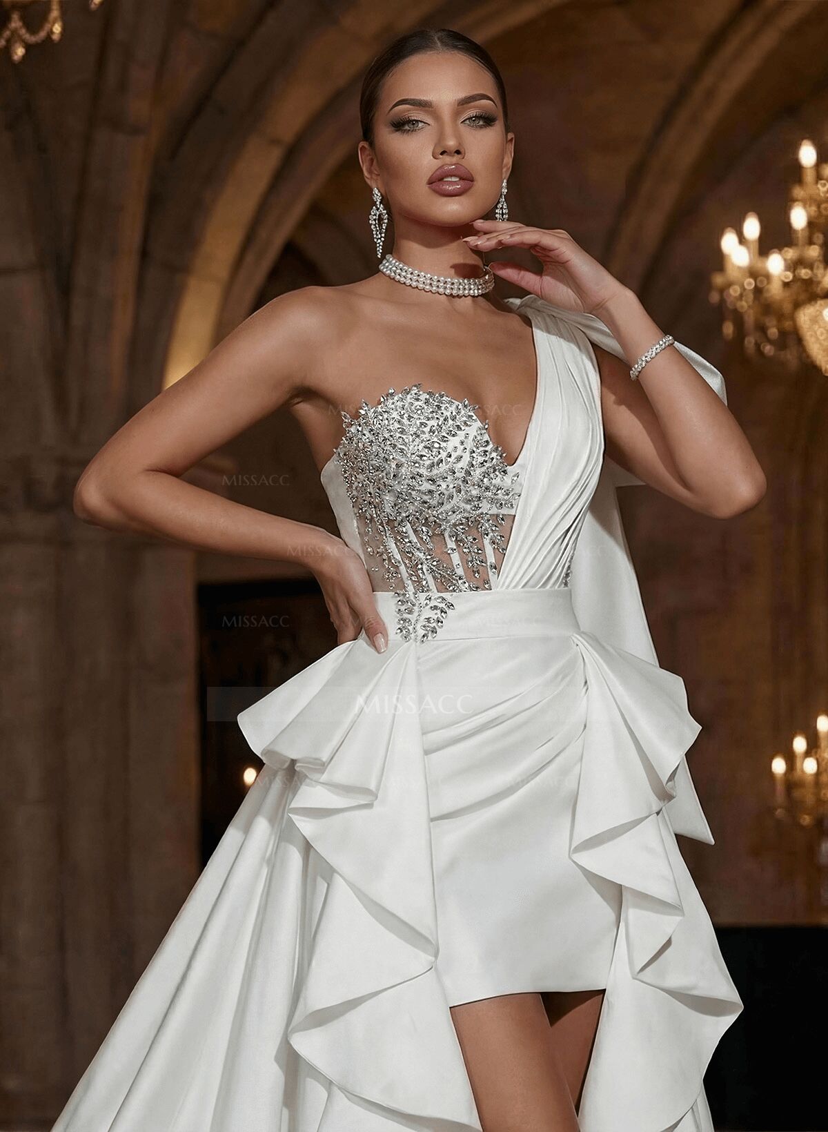 Unique One-Shoulder Ruffle Detachable Overskirt Prom Dresses With Rhinestone
