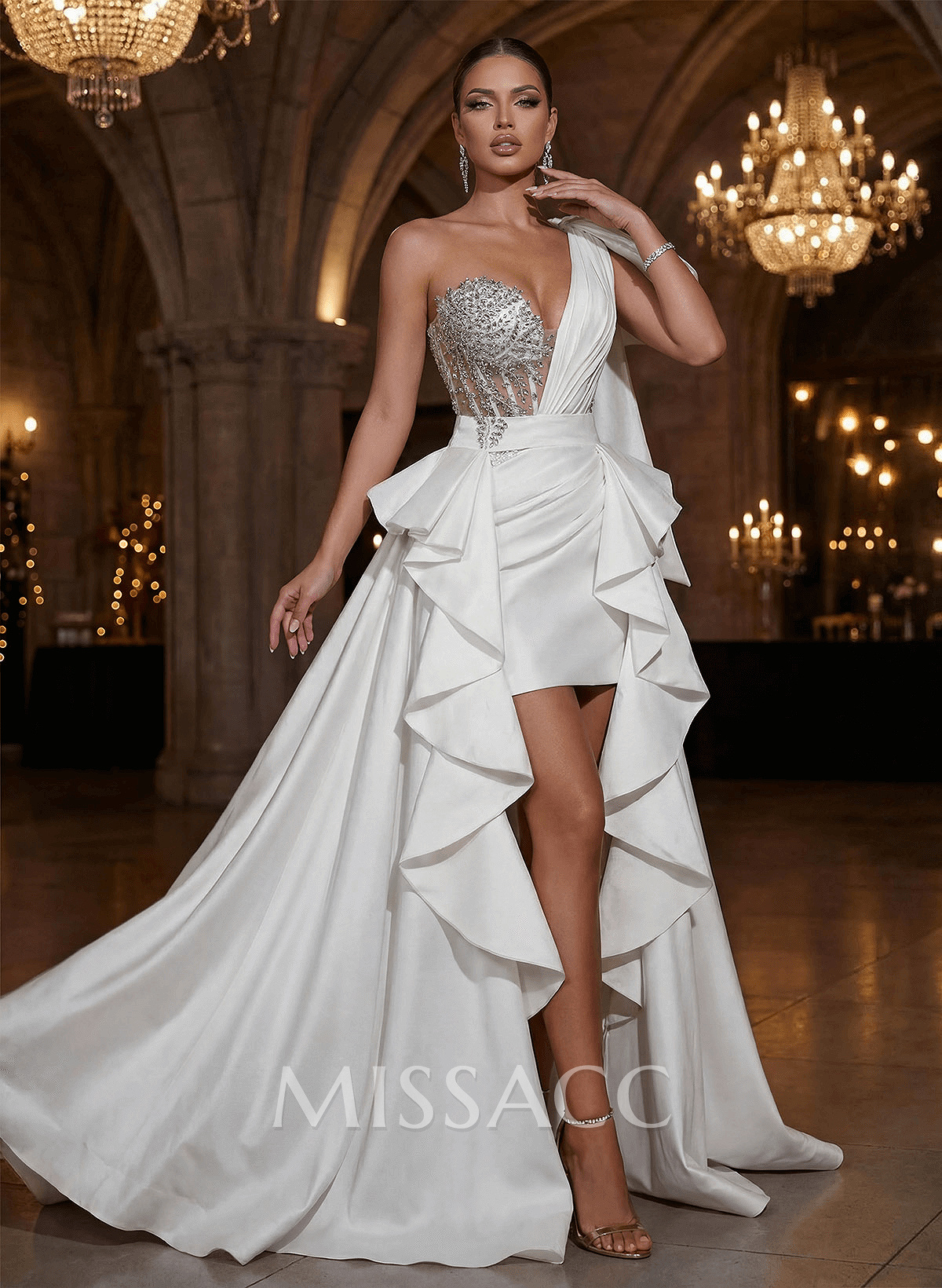 Unique One-Shoulder Ruffle Detachable Overskirt Prom Dresses With Rhinestone