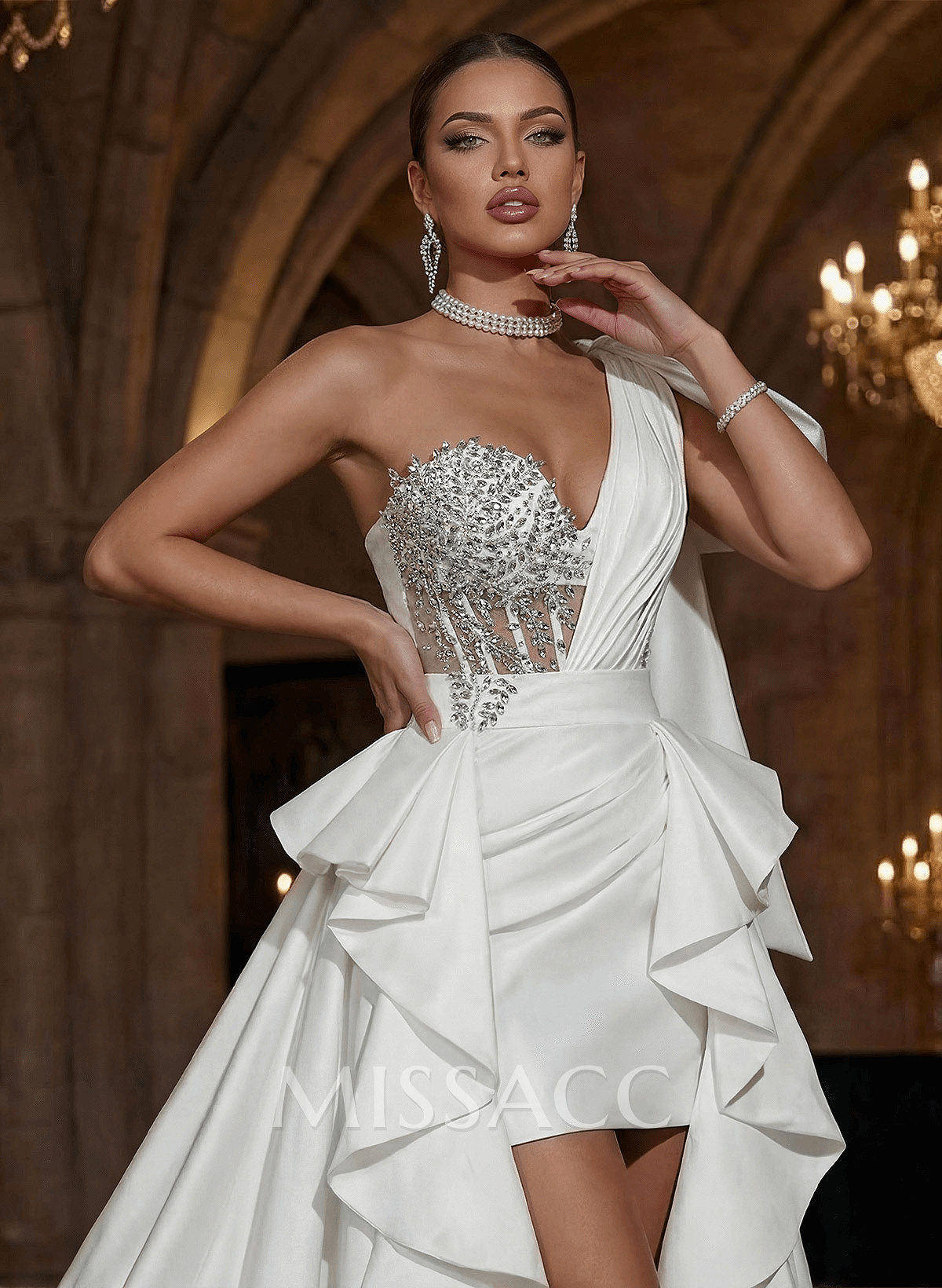 Unique One-Shoulder Ruffle Detachable Overskirt Prom Dresses With Rhinestone