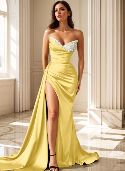 Trumpet/Mermaid Strapless Sleeveless Silk Like Satin Prom Dresses With Split Front