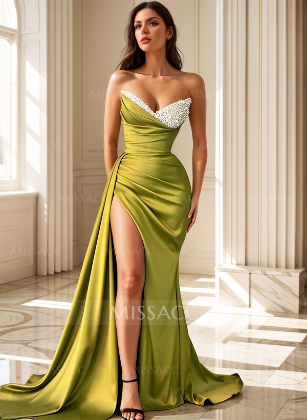 Flattering Ruched High Split Sequin Silk Like Satin Prom Dresses With Sweeping Side Drape