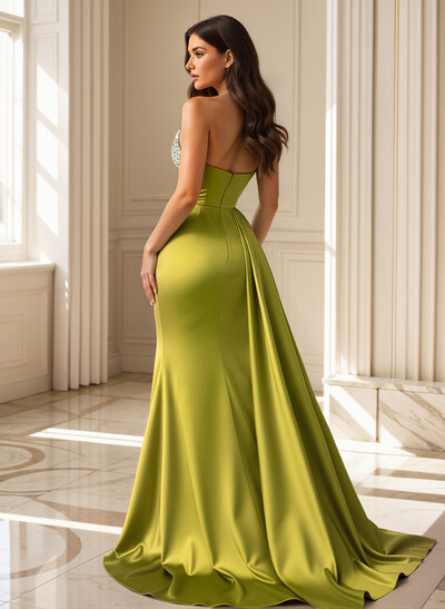 Flattering Ruched High Split Sequin Silk Like Satin Prom Dresses With Sweeping Side Drape
