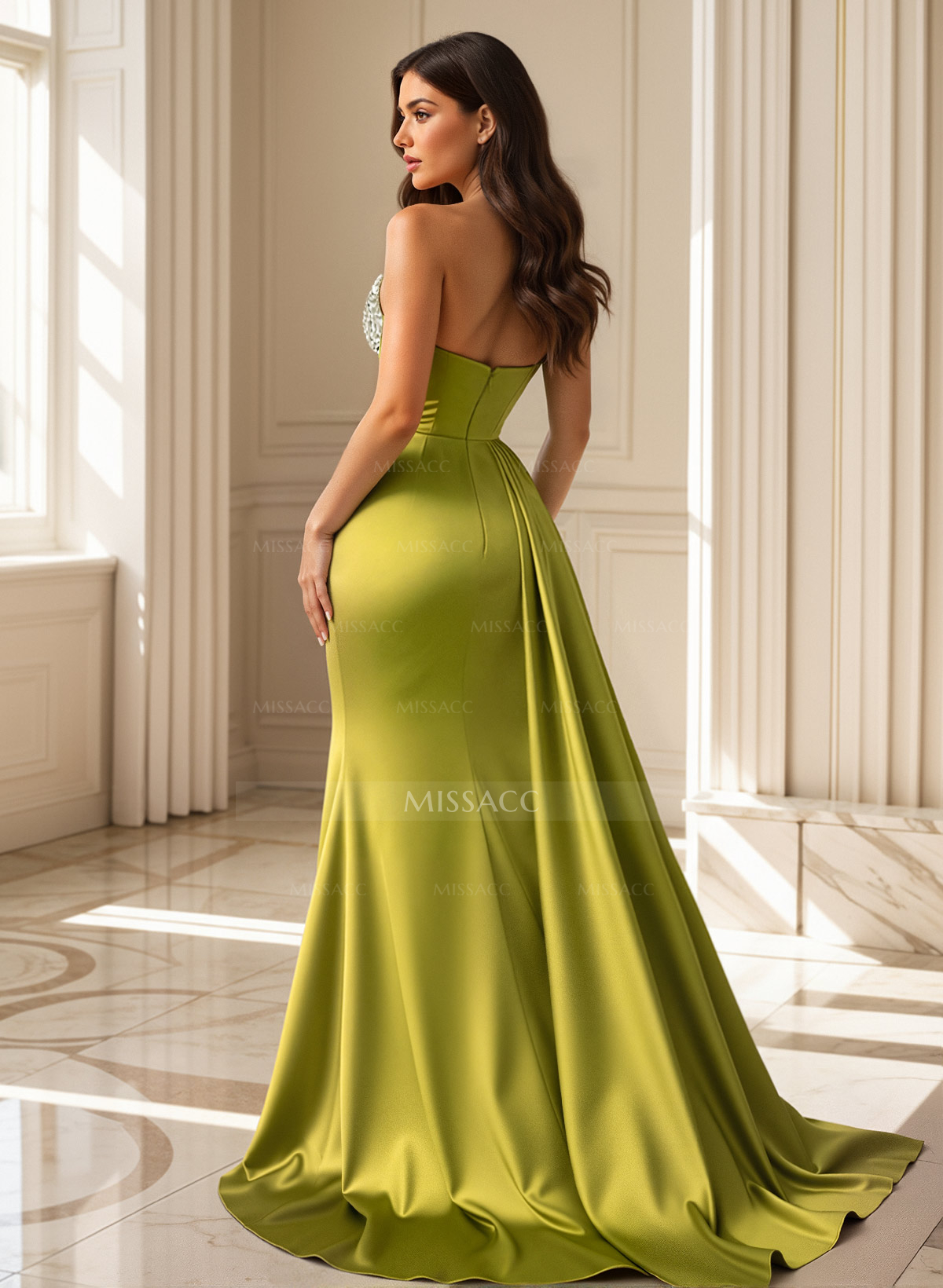 Flattering Ruched High Split Sequin Silk Like Satin Prom Dresses With Sweeping Side Drape