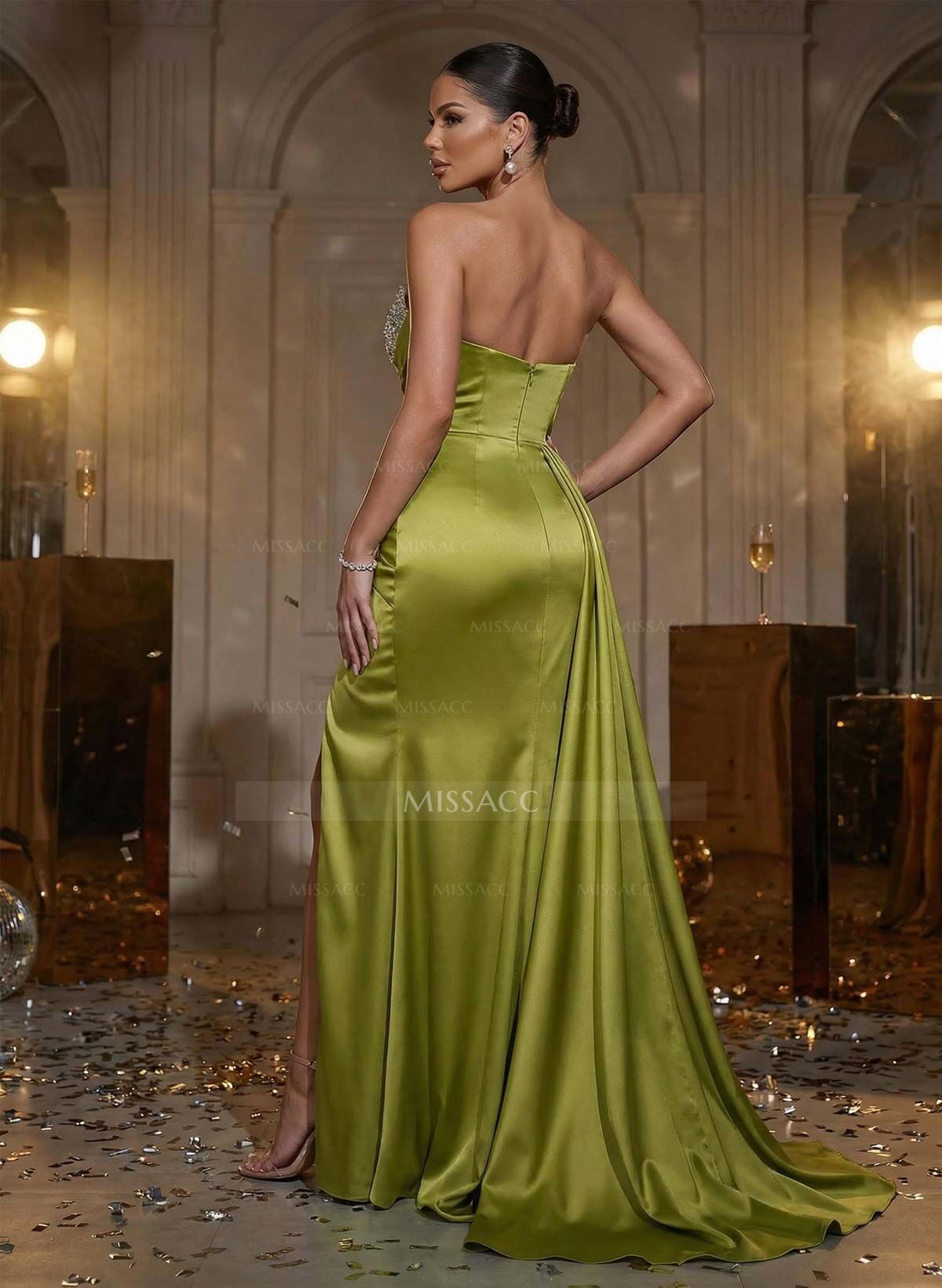 Flattering Ruched High Split Sequin Silk Like Satin Prom Dresses With Sweeping Side Drape