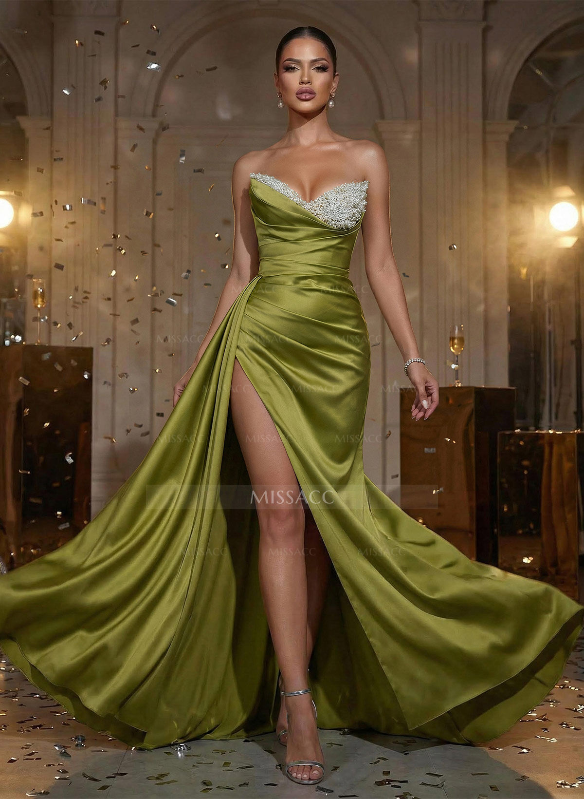 Flattering Ruched High Split Sequin Silk Like Satin Prom Dresses With Sweeping Side Drape