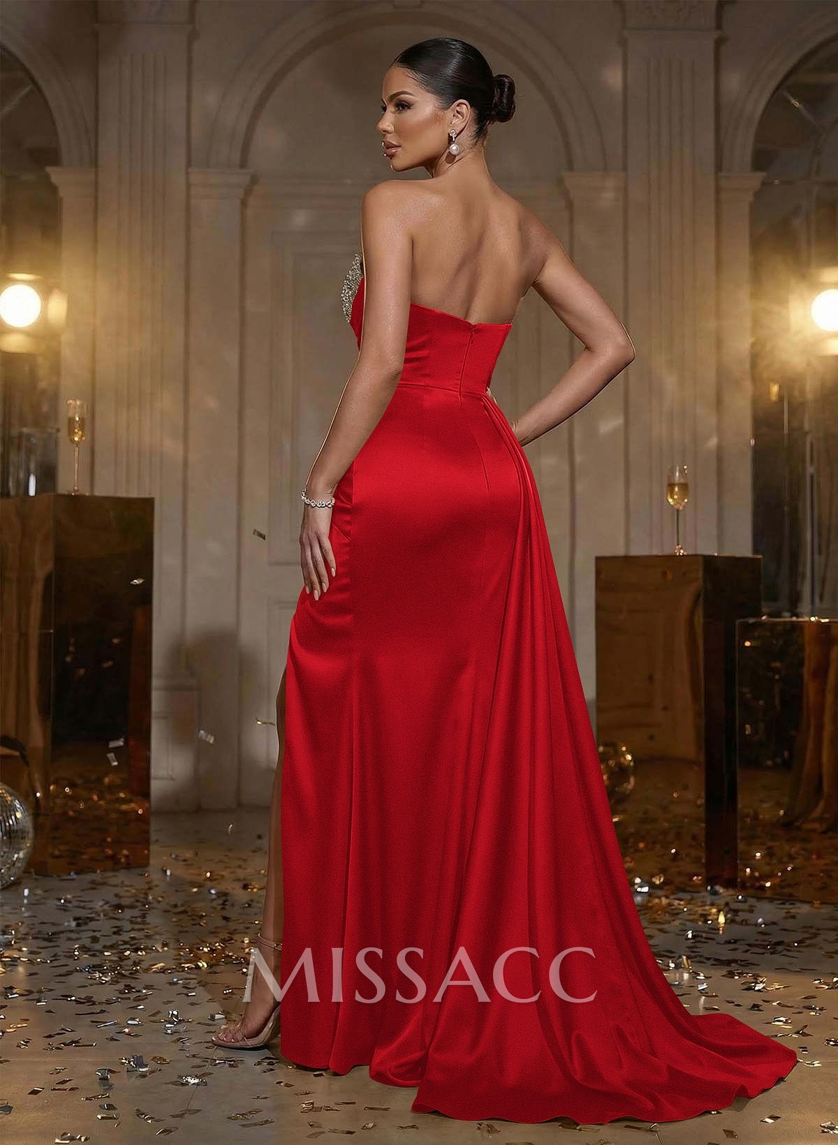 Flattering Ruched High Split Sequin Silk Like Satin Prom Dresses With Sweeping Side Drape Flattering Ruched High Split Sequin Silk Like Satin Prom Dresses With Sweeping Side Drape
