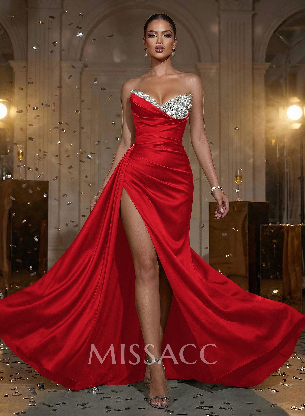 Flattering Ruched High Split Sequin Silk Like Satin Prom Dresses With Sweeping Side Drape Flattering Ruched High Split Sequin Silk Like Satin Prom Dresses With Sweeping Side Drape