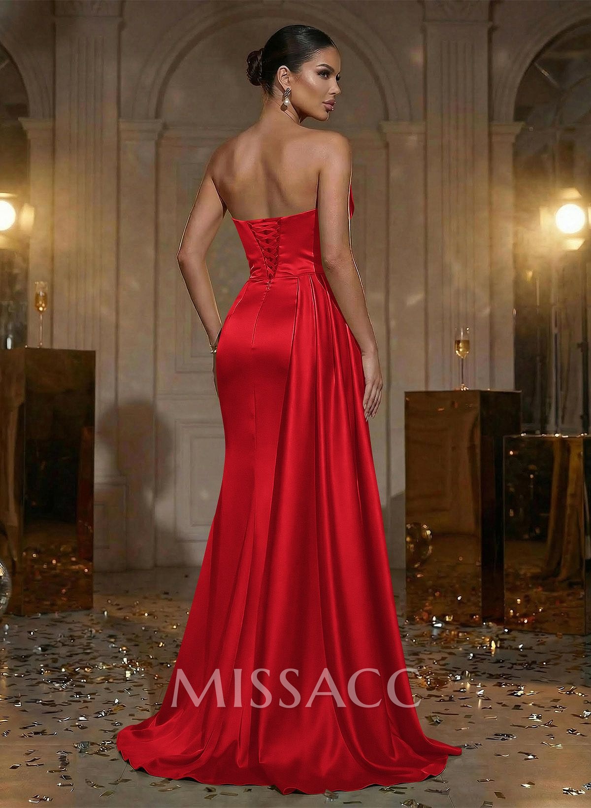 Flattering Ruched High Split Sequin Silk Like Satin Prom Dresses With Sweeping Side Drape Flattering Ruched High Split Sequin Silk Like Satin Prom Dresses With Sweeping Side Drape