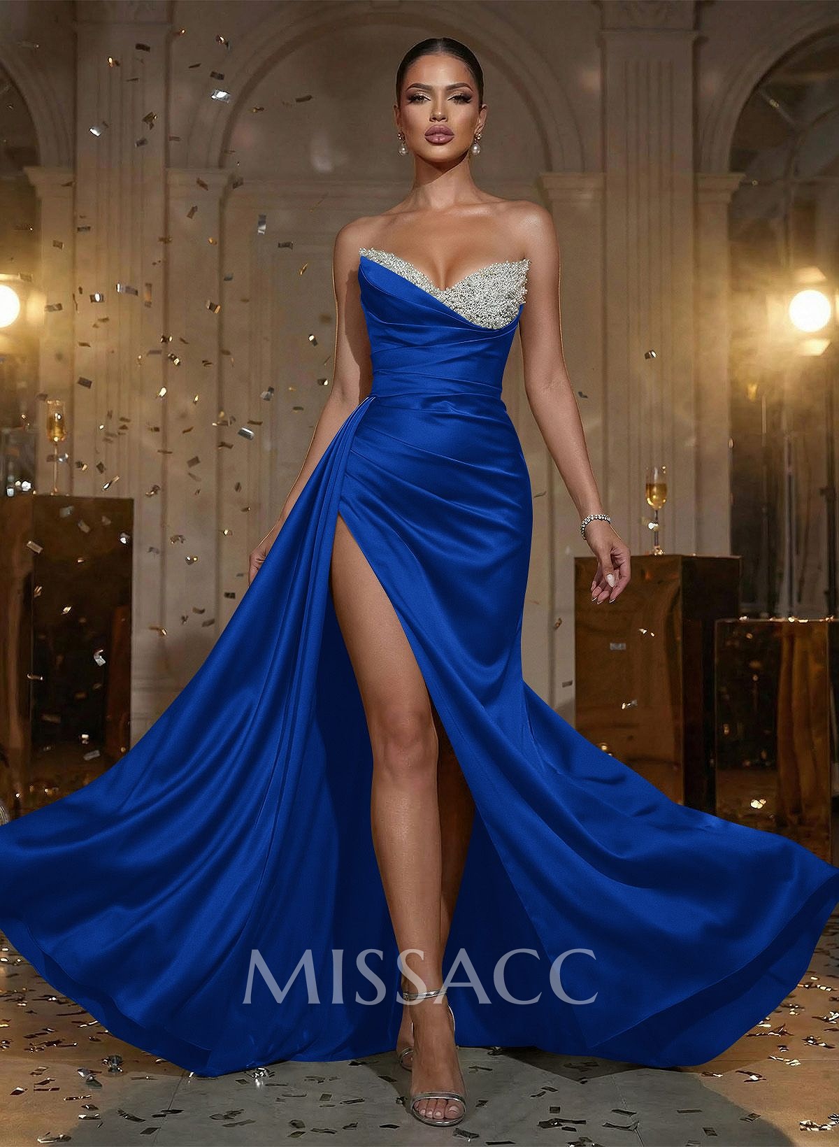 Flattering Ruched High Split Sequin Silk Like Satin Prom Dresses With Sweeping Side Drape