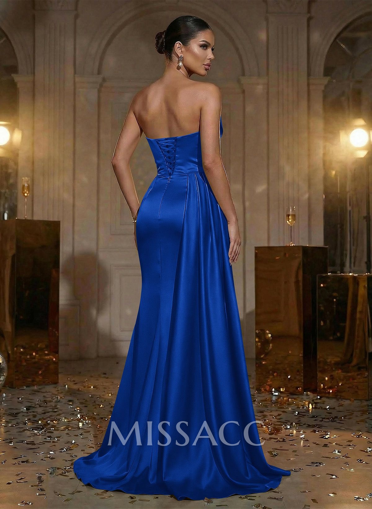 Flattering Ruched High Split Sequin Silk Like Satin Prom Dresses With Sweeping Side Drape