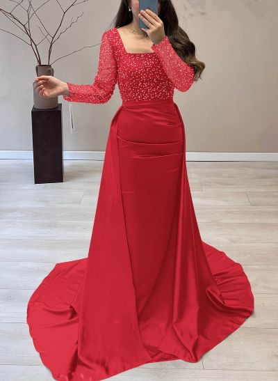 Sequined Square Neckline Long Sleeves Prom Dresses