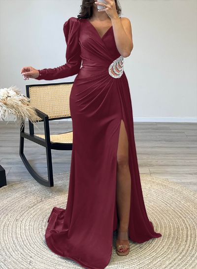 V-Neck Long Sleeves Open Back Sparkly Prom Dresses