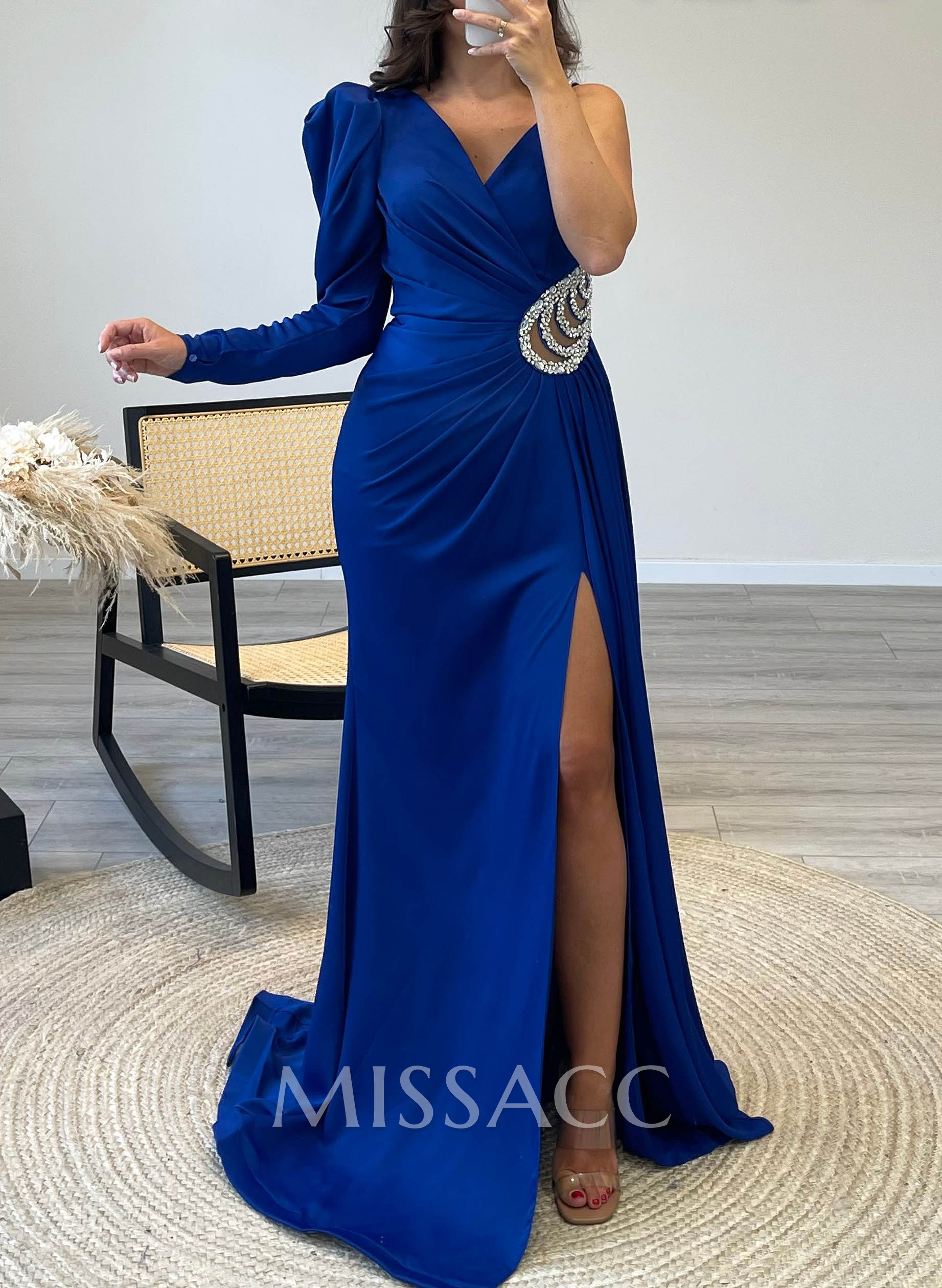V-Neck Long Sleeves Open Back Sparkly Prom Dresses