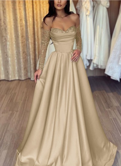 Lace Long Sleeves Sweetheart A-Line Prom Dresses With Satin