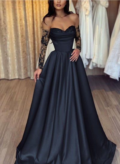 Lace Long Sleeves Sweetheart A-Line Prom Dresses With Satin