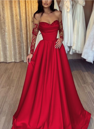 Lace Long Sleeves Sweetheart A-Line Prom Dresses With Satin