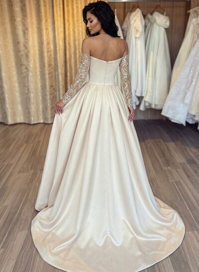 Lace Long Sleeves Sweetheart A-Line Prom Dresses With Satin