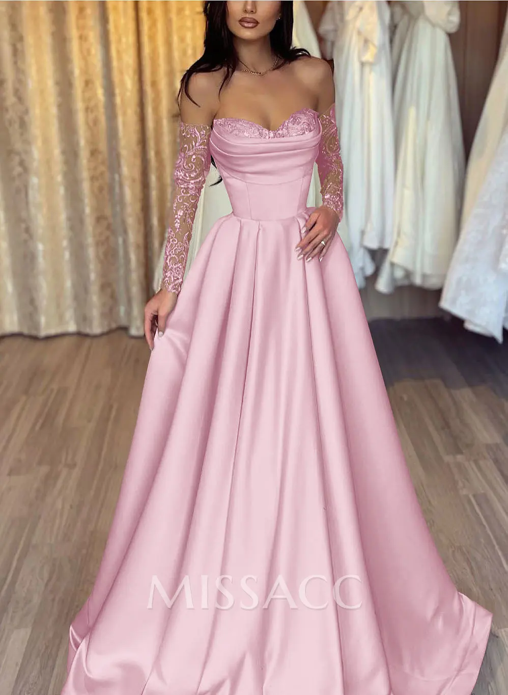 Missacc Pearl Pink Prom Dresses Lace Long Sleeves Sweetheart A-Line Prom Dresses With Satin Missacc Pearl Pink Prom Dresses Lace Long Sleeves Sweetheart A-Line Prom Dresses With Satin