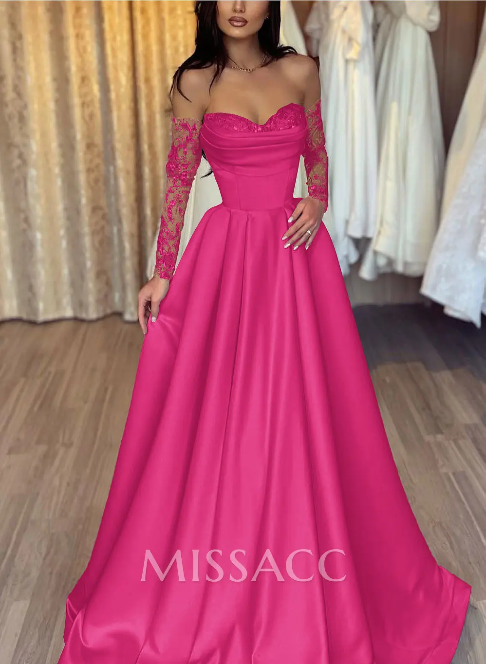 Lace Long Sleeves Sweetheart A-Line Prom Dresses With Satin - Missacc
