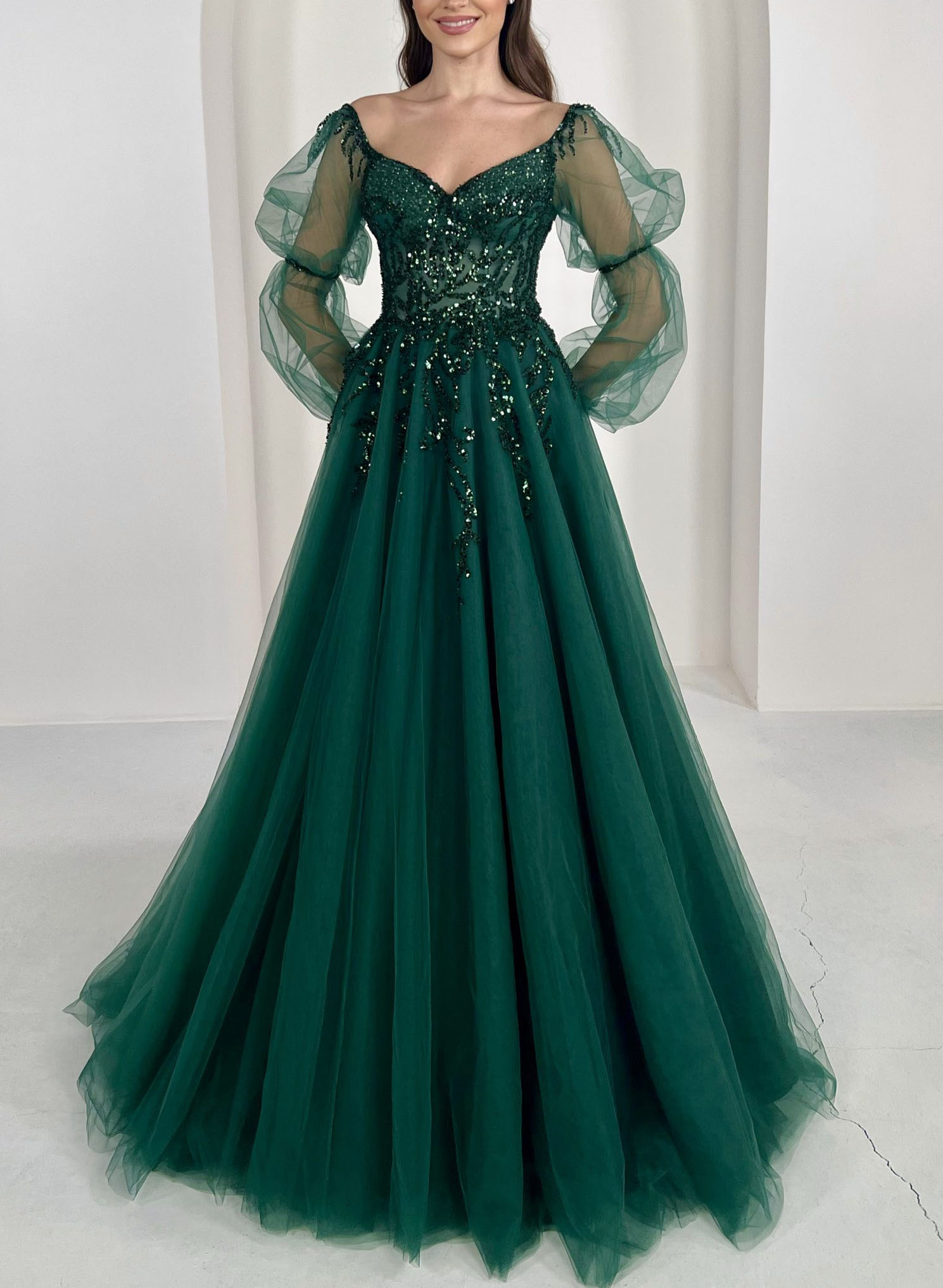 Sequined Long Sleeves Tulle A-Line Evening Dresses