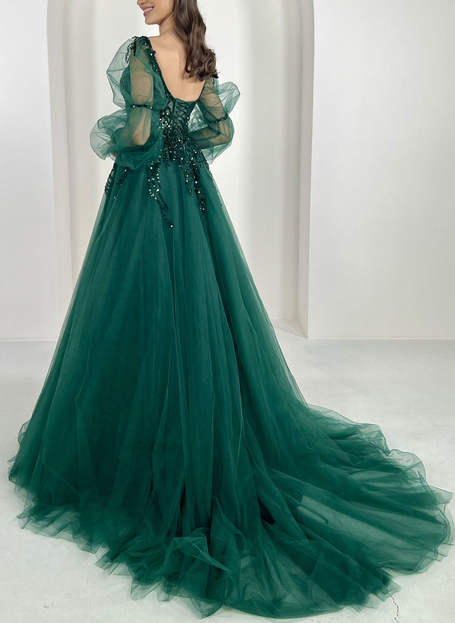 Sequined Long Sleeves Tulle A-Line Evening Dresses