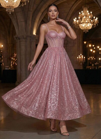 Sequined A-Line Ankle-Length Prom Dresses With Spaghetti Straps