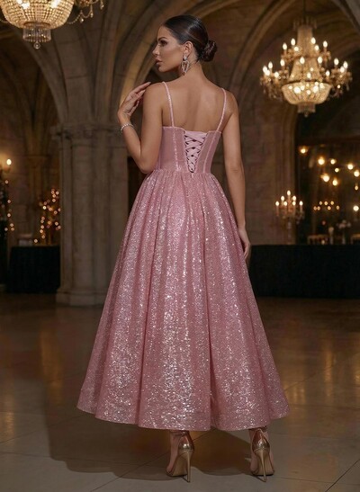 Sequined A-Line Ankle-Length Prom Dresses With Spaghetti Straps